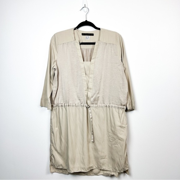 Zara Long Sleeve Beige Silky Dress with Waist Tie, Modal Blend - Picture 1 of 9